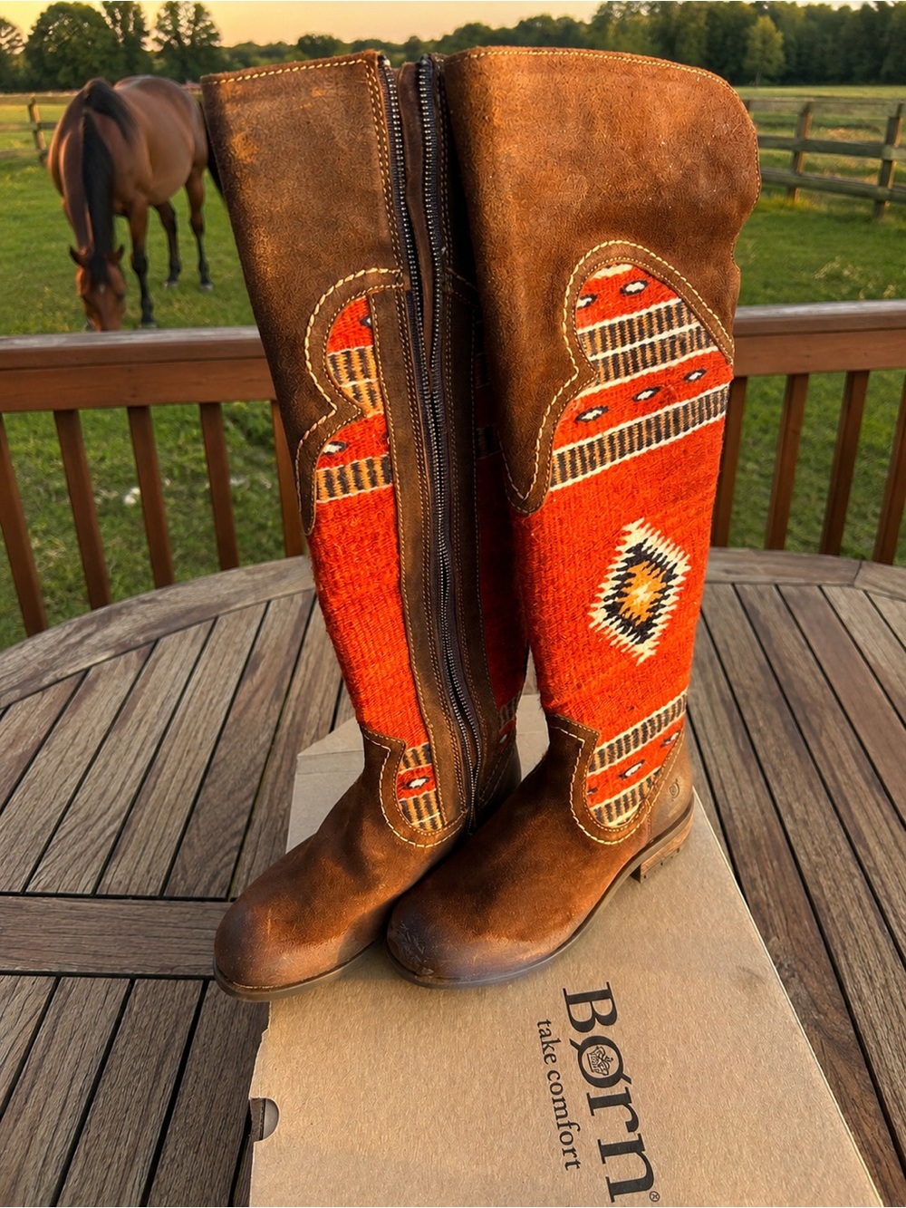 NWT Born Brown Lucero Leather Boots with Orange Southwestern Panel